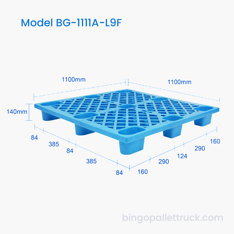 1100x1100mm Hafif Hizmet Tipi 9 Ayaklı Plastik Palet, Palet Krikosu için 4 Yollu Girişli